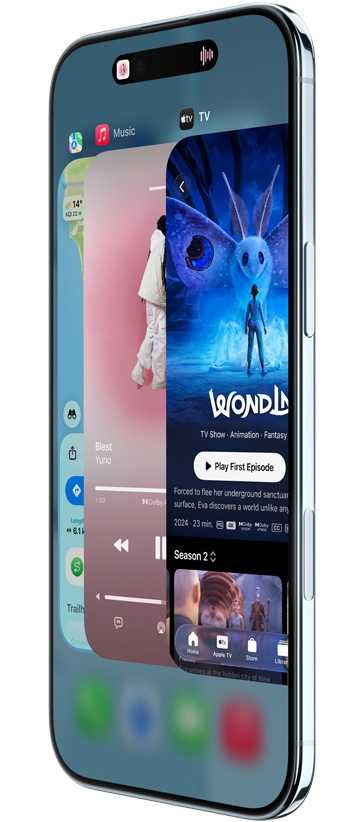 iPhone Air, front exterior, side exterior, with Maps, Music and Apple TV apps, showcasing the App Switcher feature in use