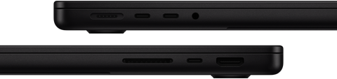 Изглед към портовете на MacBook Pro — лява страна: MagSafe 3, два Thunderbolt порта и жак за слушалки — дясна страна: слот за SDXC карта, един Thunderbolt порт и HDMI