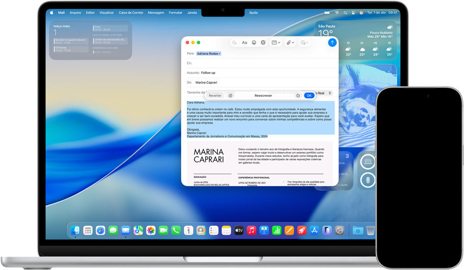 Mac mostrando as Ferramentas de Escrita e iPhone mostrando mensagens com Tradução ao Vivo