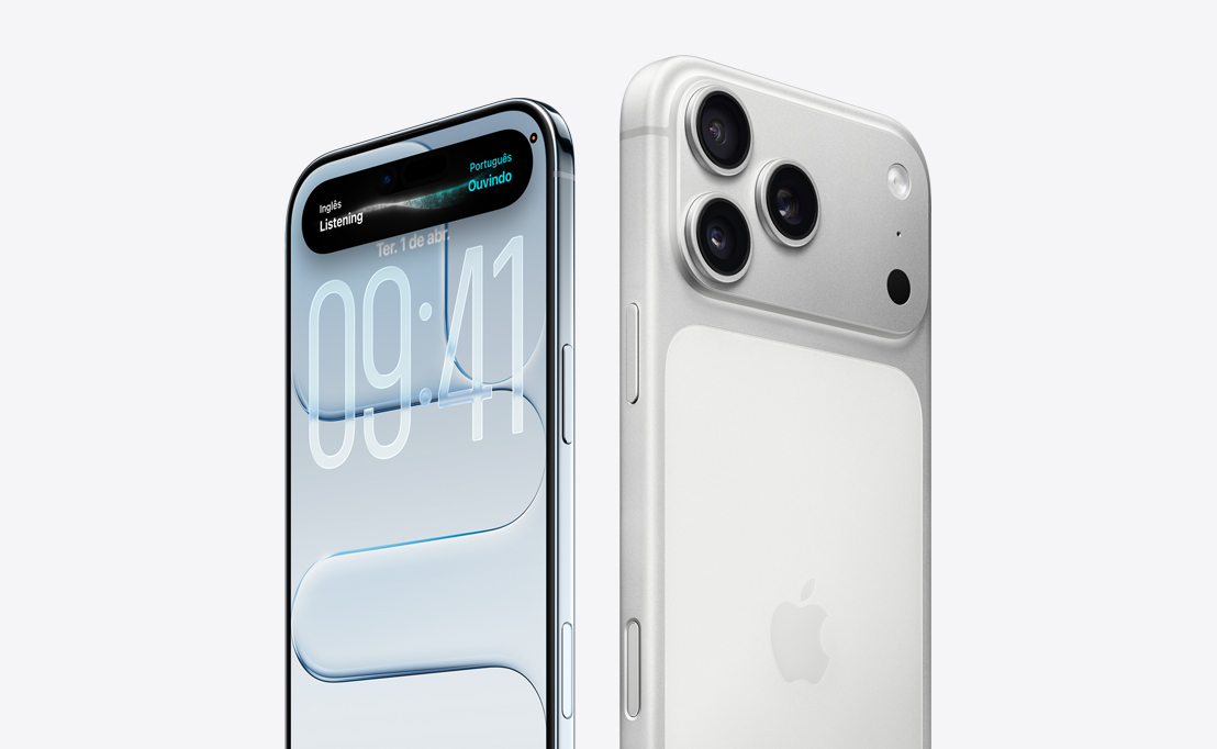 Lateral fina de titânio do iPhone Air com a tela mostrando o design em Liquid Glass e a Dynamic Island, parte de trás do iPhone 17 Pro com sistema de câmera Pro no canto superior esquerdo