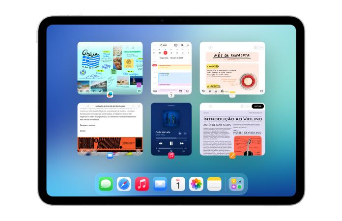 Tela do iPad na horizontal mostrando vários apps como Calendário e Música em seis janelas alinhadas em duas linhas para mostrar todas de uma vez