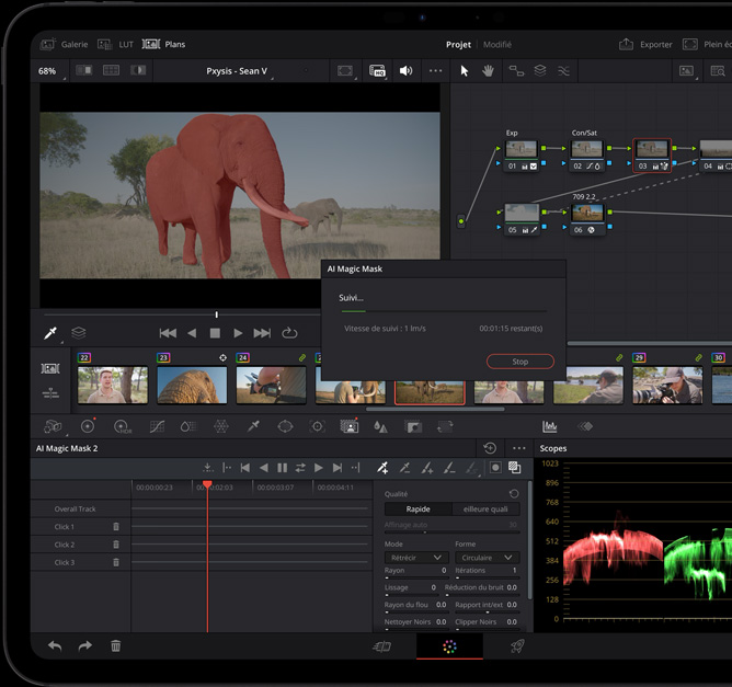 Un iPad Pro, face avant, noir infini, écran montrant une app de montage vidéo avec timelines et commandes, outil Magic Mask alimenté par l’IA en cours de suivi, application d’effets spéciaux à un plan d’éléphants