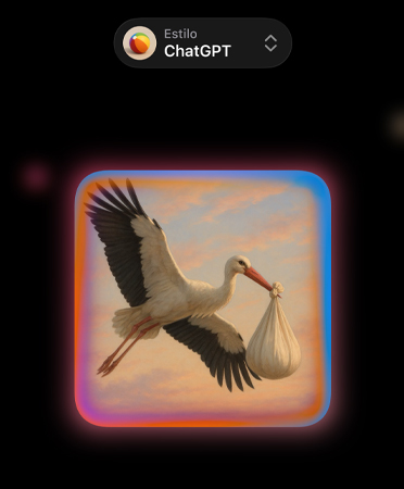 Pantalla de Image Playground con la imagen fotorrealista de una cigüeña que lleva una bolsa en el pico, en la que se muestran opciones de estilos de imágenes personalizados de ChatGPT