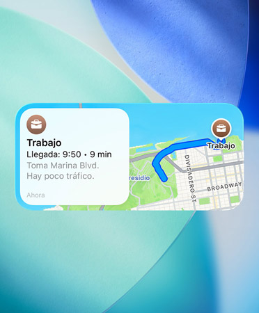 El widget de Mapas muestra el nuevo planificador de rutas preferidas, con información sobre el tránsito, la hora de llegada y la duración del viaje