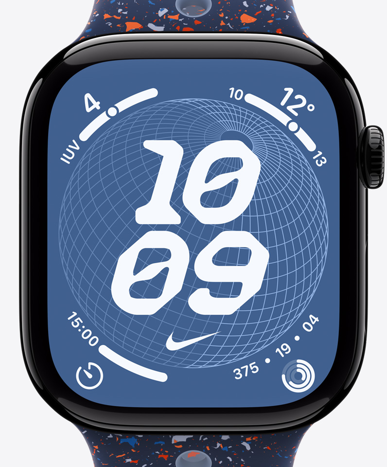 Carátula Globo de Nike que muestra la hora y complicaciones como los círculos de Actividad, IUV, temperatura y cronómetro