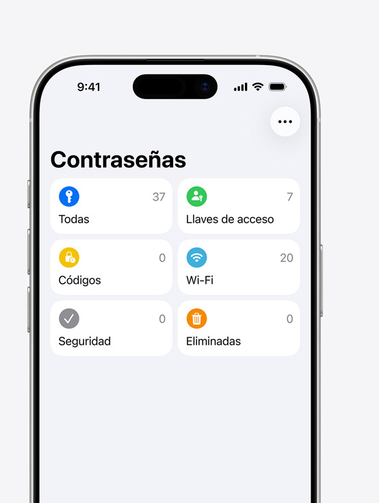 Pantalla de un iPhone que muestra el menú Contraseñas con las opciones Todas, Llaves de Acceso, Códigos, Wi‑Fi, Seguridad y Eliminadas