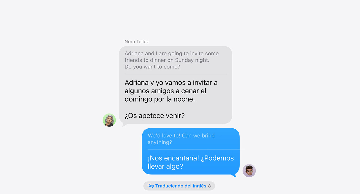 La prestación Traducción en Tiempo Real en Mensajes muestra un ejemplo de traducción automática entre español e inglés