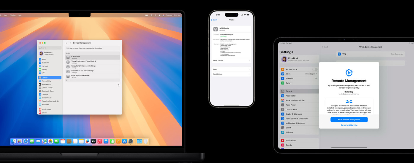 Mac e iPad a mostrarem a janela de gestão remota. iPhone a mostrar as definições do perfil MDM.