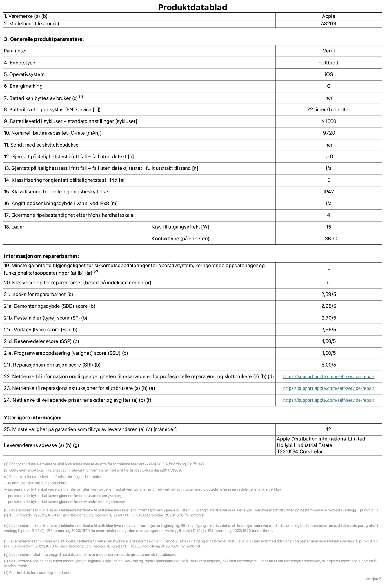 Produktdatablad for 13-tommers iPad Air Wi‑Fi + Cellular – modell A3269. Levert av Apple UK Ltd, 100 New Bridge Street, London EC4V 6JA. Enhetstype: nettbrett. Operativsystem: iOS. Energieffektivitetsklasse for standard dynamisk omfang: G. Batteriets holdbarhet: 72 timer. Batteriets holdbarhet i antall ladesykluser: ≥ 1000. Nominell batterikapasitet: 9720 mAh. Holdbarhetstest ved gjentatte fall – antall fall uten feil: ≥ 0. Holdbarhetsklasse ved gjentatte fall: E. Kapslingsgrad: IP42. Skjermens ripefasthet på Mohs skala: 4. Krav til laderens utgangseffekt: 15 watt. Laderens stikkontakt: USB-C. Minstegaranti for tilgang på sikkerhetsoppdateringer, feilrettinger og funksjonsoppdateringer til operativsystemet: 5 år. Reparerbarhetsklasse: C. Reparerbarhetsindeks: 2,59/5. Demontering: 2,95/5. Festeanordninger (type): 2,70/5. Verktøy: 2,65/5. Reservedeler: 1,00/5. Programvareoppdateringer: 1,00/5. Informasjon om reparasjon: 5,00/5. Lenke til informasjon om tilgjengelighet for reservedeler for profesjonelle reparatører og sluttbrukere: https://support.apple.com/self-service-repair. Lenke til reparasjonsveiledning for sluttbrukere: https://support.apple.com/self-service-repair. Lenke til veiledende priser ekskl. mva: https://support.apple.com/self-service-repair. Produktet omfattes av en 12-måneders generell garanti.