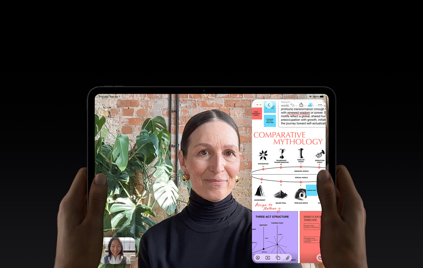 iPad Pro, etupuoli, tähtimusta väri, vasen ja oikea käsi pitelevät laitetta vaakasuunnassa, pyöristetyt kulmat, musta näytön kehys, näytöllä on FaceTime-keskustelu ja sen livekäännös sekä opetusappi, jossa on tekstiä, kaavioita ja käsinkirjoitettuja muistiinpanoja sisältävä esitelmä aiheesta ”Comparative Mythology”