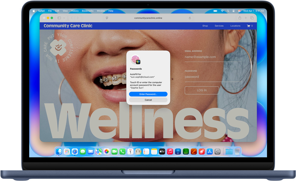 MacBook Neo, Farbe Indigo, Safari zeigt eine Aufforderung, sich mit Touch ID oder Passwort bei einer Website namens Community Care Clinic anzumelden