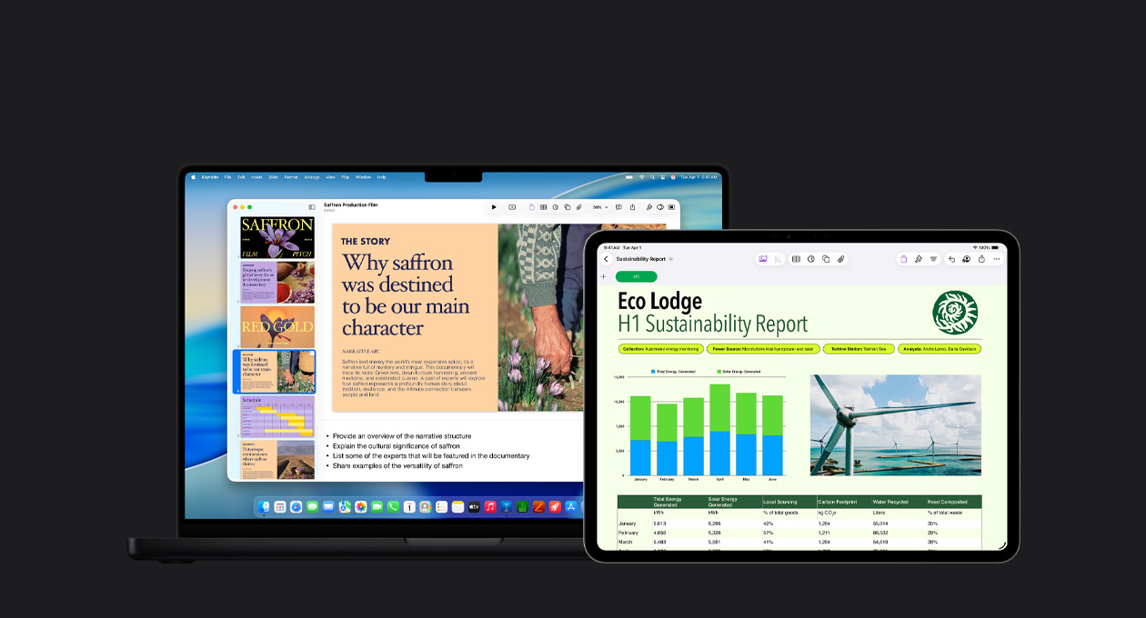 13 吋 iPad Pro 螢幕顯示幻燈片上的報告，上面有圖表、表格和圖形；16 吋 MacBook Pro 螢幕顯示 Keynote 簡報，左側為多張幻燈片，底部為生成的演講者筆記。