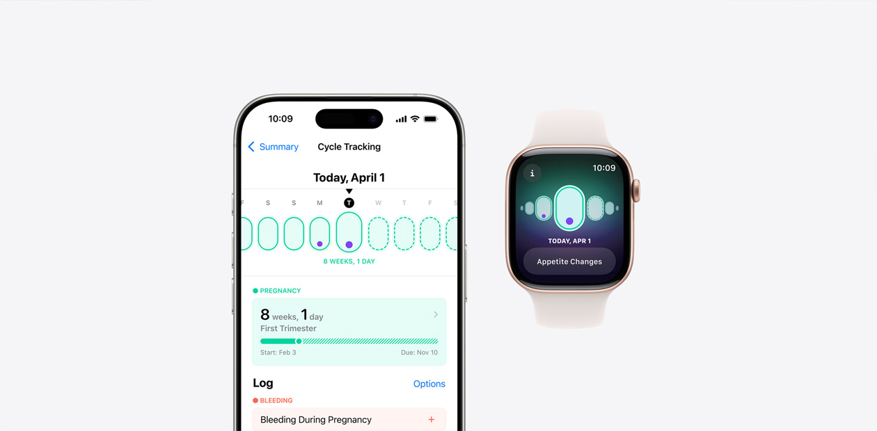 iPhone 和 Apple Watch 上展示經期追蹤軟件。