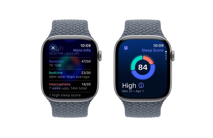 Apple Watch Series 11, svemirski siva boja, aluminijsko kućište, obavijest o rezultatu spavanja, vanjska desna strana, Digital Crown, pletena narukvica Solo, plavičasto sive boje