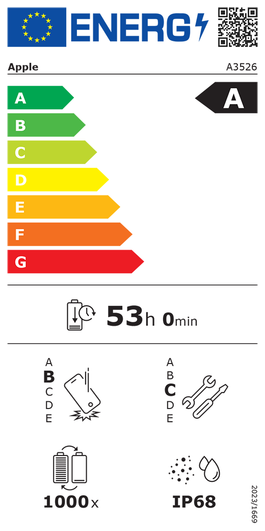 QR kod i informacije za EU oznaku energetske učinkovitosti, Appleov model A3526, razred B, razredi energetske učinkovitosti (prema ljestvici od A do G), od A (najučinkovitije) do G (najmanje učinkovito), izdržljivost baterije po ciklusu, 53 sata i 0 minuta po punom punjenju baterije, razred B za pouzdanost pri višekratnim slobodnim padovima, od A (najizdržljivije) do E (najmanje izdržljivo), razred C za popravljivosti, od A (najlakše popravljivo) do E (najteže popravljivo), 1000 ciklusa izdržljivosti baterije, ocjena IP68 za zaštitu od prodora prašine i vode (IP), uredba 2023/1669