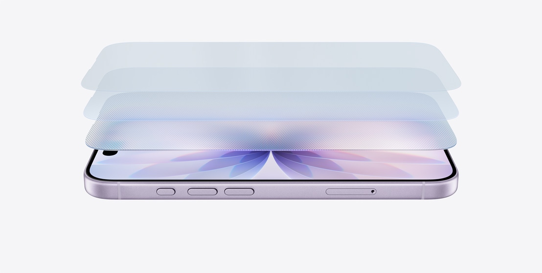 iPhone 17 vodoravno na boku u boji lavande, sa slojevitim dizajnom koji prikazuje Ceramic Shield 2