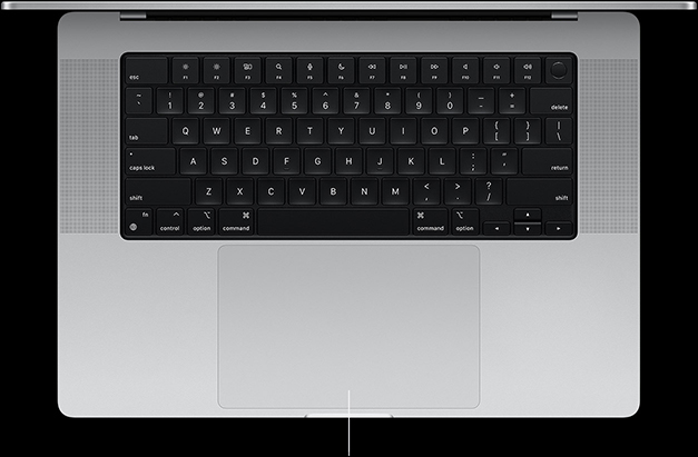 A felnyitott fedelű 16 hüvelykes MacBook Pro felülnézeti képe, melyen jól látszik a billentyűzet alatt elhelyezkedő Force Touch érintőpad