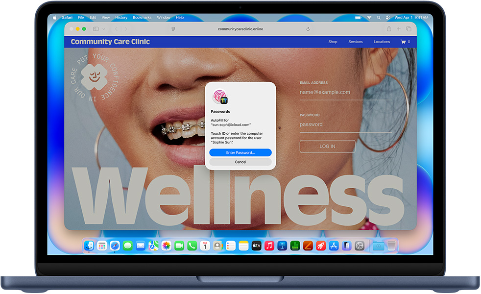 MacBook Neo, warna indigo, Safari meminta pengguna untuk masuk menggunakan Touch ID atau kata sandi ke situs web berjudul Community Care Clinic