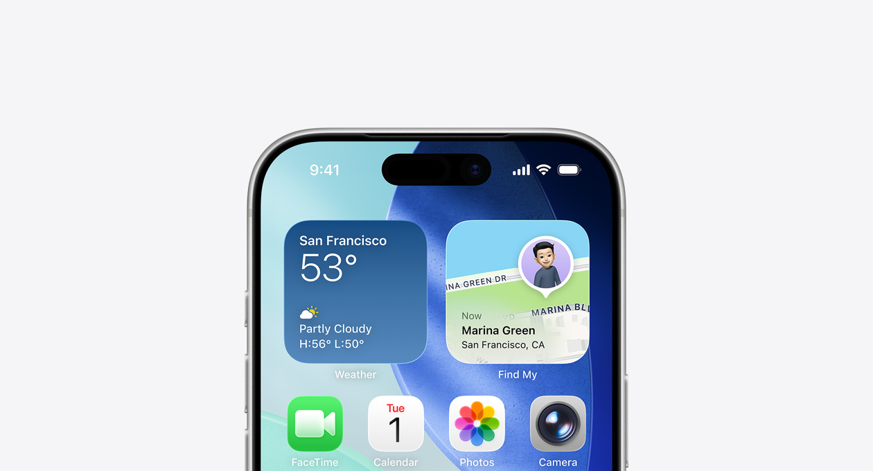 iPhone, bagian atas layar menampilkan layar utama dengan widget Cuaca dan Lacak di baris atas