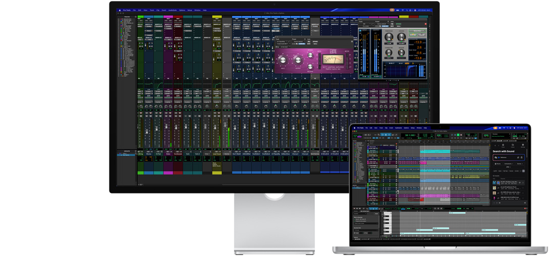 Studio DisplayとMacノートブック。Spliceが統合されたPro Toolsのセッションが映し出されている。Nano-textureガラスにより映り込みが軽減されている、ダークトーンのプログラム画面