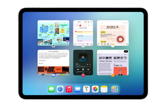 가로 방향의 iPad 화면에 캘린더와 음악 앱 등 여러 앱이 6개의 윈도우로 나뉘어 두 줄로 정렬된 모습