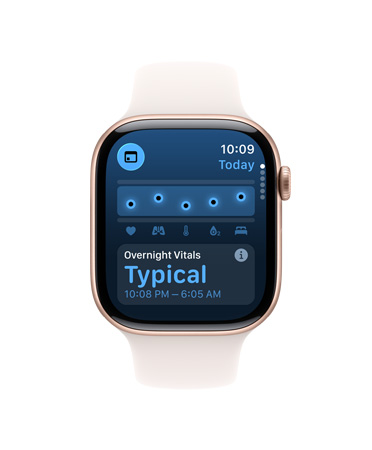 Apple Watch Series 11, aluminum case, rose gold color, Vitals app, chart scoring health, overnight vitals typical notification, right side exterior: Digital Crown, light blush Sport Band
