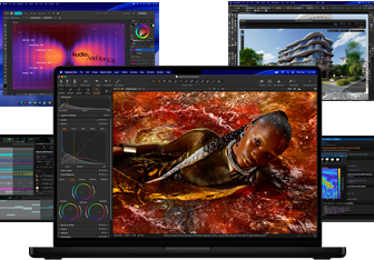 Vairāki krāsaini elementi Mac ekrānā no mūzikas producēšanas, grafiskā dizaina, 3D animācijas un foto rediģēšanas aplikācijām, parādot jaudīgo grafikas veiktspēju