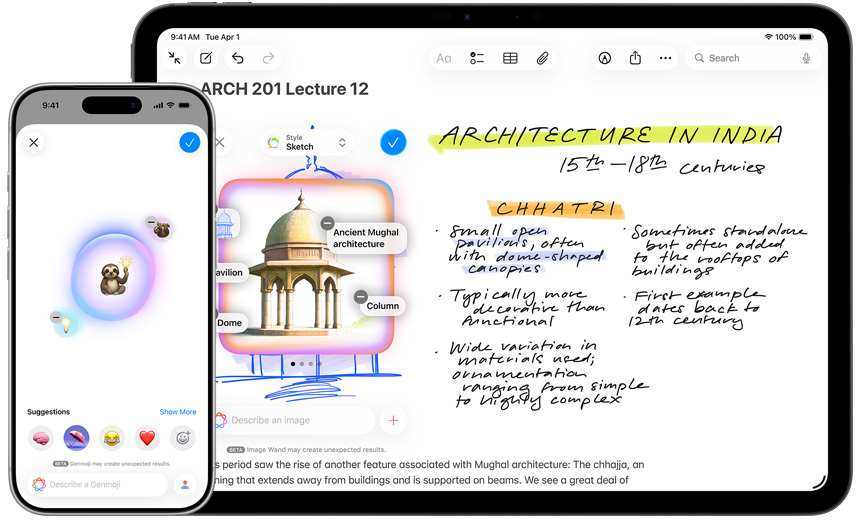 iPhone and iPad showing Genmoji, and Image Wand turning a sketch into a Mughal pavilion.