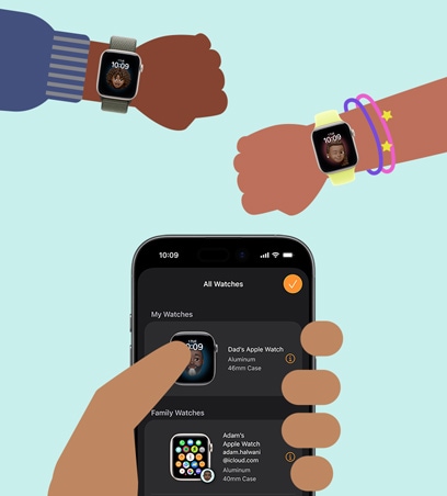 Apple Watch for Your Kids, cartoon drawing, kids' wrists wearing Apple Watch SE 3 paired to iPhone in parent's hand