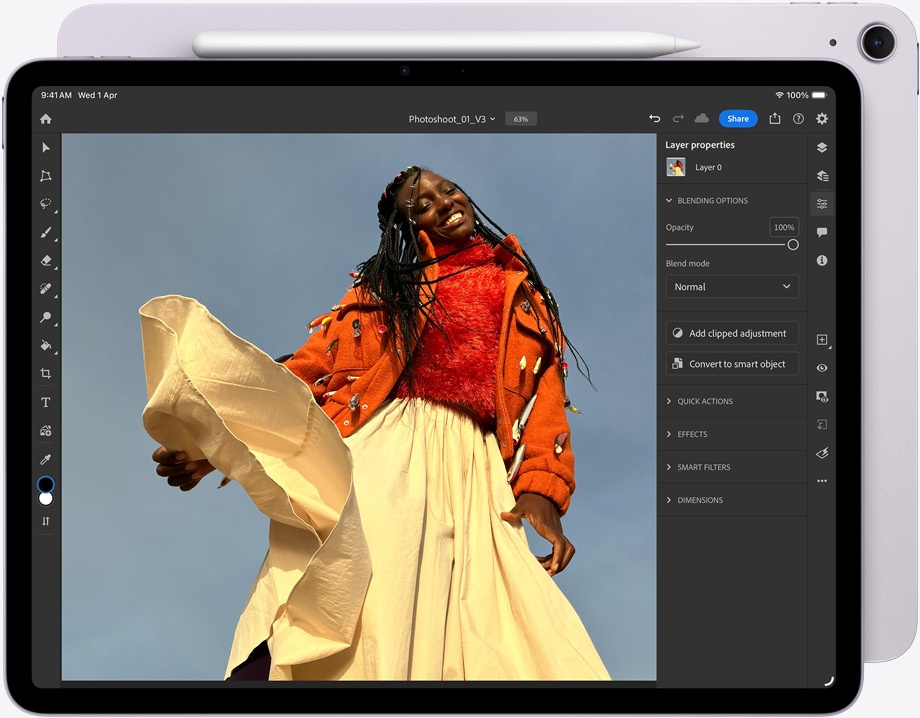 iPad Air, Apple Pencil Pro attached on top, front exterior, displaying Adobe Photoshop, image being edited