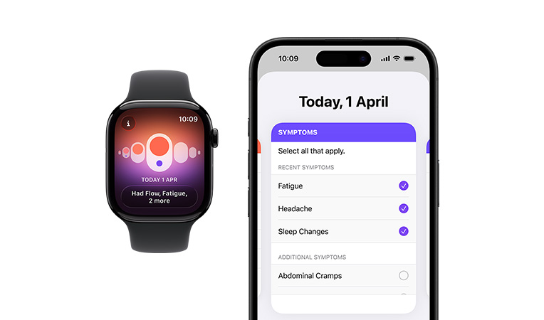 Apple Watch Series 11, aluminum case, polished jet black color, Sport Band, black color, Cycle Tracking app, daily symptoms selector open on paired iPhone
