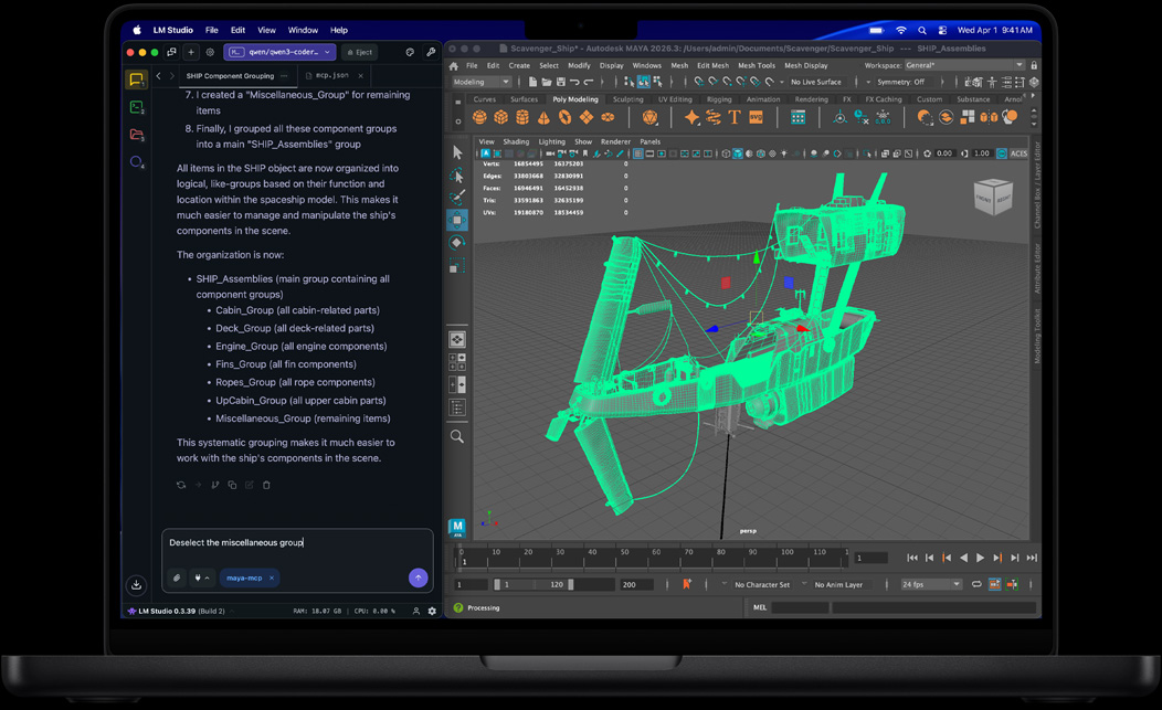 Screen of MacBook Pro showing LM Studio and Autodesk Maya