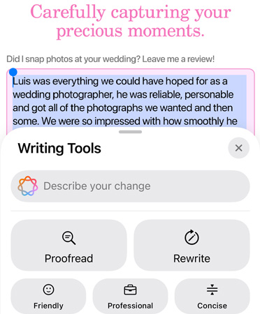 Writing Tools feature in use with options Proofread, Rewrite, Friendly, Professional and Concise