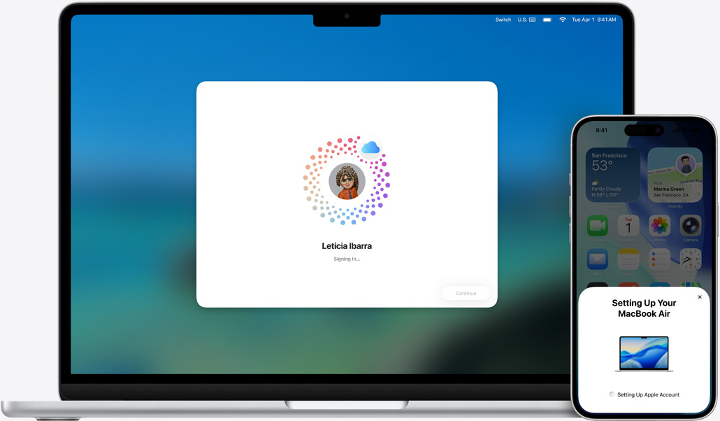 13-inch MacBook Air and iPhone 16 Plus, macOS installing on MacBook, iPhone displays prompts to setup