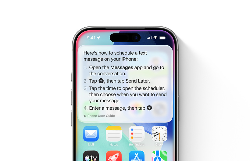 iPhone pokazujący instrukcję krok po kroku, jak zaplanować późniejsze wysłanie wiadomości tekstowej.