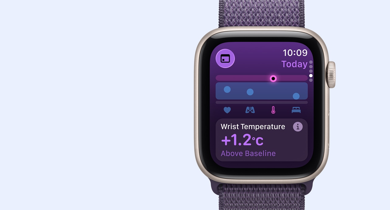 Apple Watch SE 3, carcasă din aluminiu, culoare Strălucire stelară, măsurători ale temperaturii de la încheietura mâinii, partea exterioară dreaptă, Digital Crown, curea, brățară Sport, culoare Ceață mov