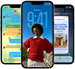 Trei dispozitive iPhone 17e care prezintă aplicația Mesaje cu design Liquid Glass, Ecran de blocare dinamic și funcția Inteligență vizuală activată
