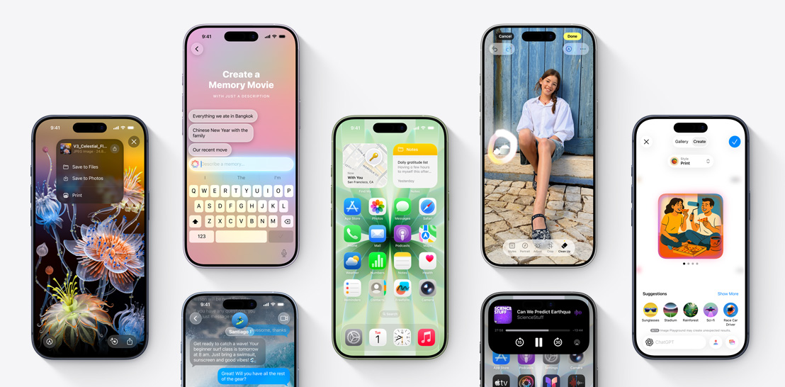 An array of iPhone 17 and 17 Pro devices each with a different screen showcasing iOS 26 and Apple Intelligence features