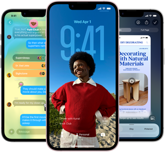 Three iPhone 17e devices, showing Messages app with Liquid Glass design, dynamic Lock Screen, and Visual Intelligence in use