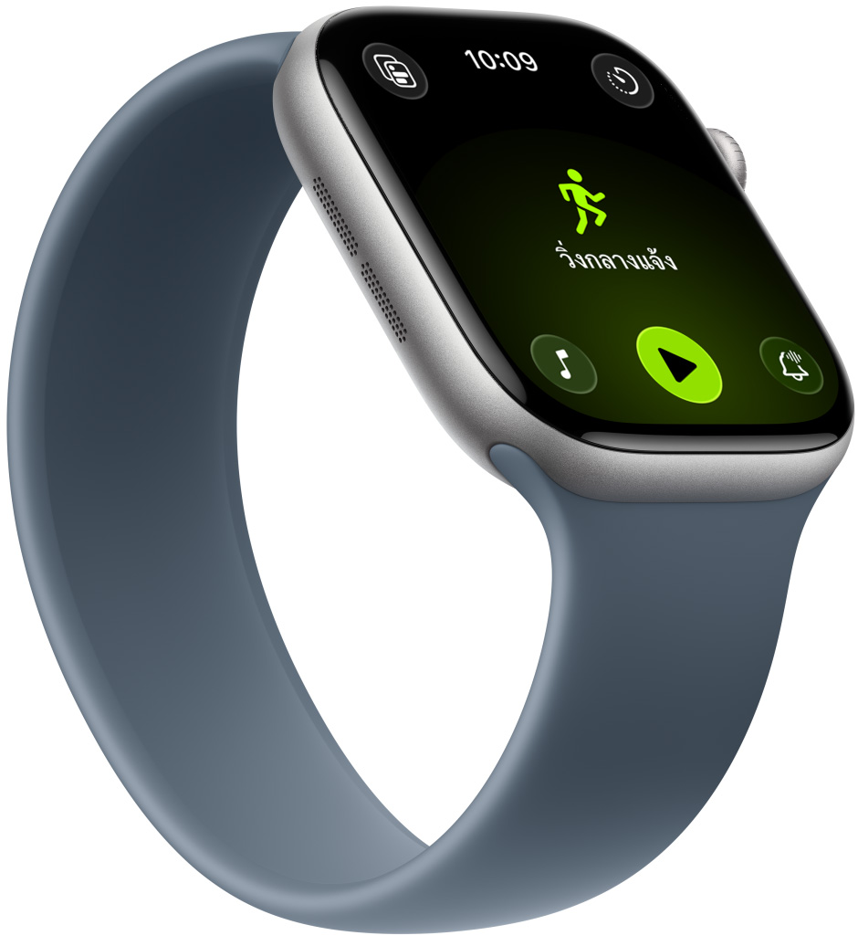Apple Watch Series 11, สีดำเจ็ทแบล็คขัดเงา, ตัวเรือนอะลูมิเนียม, แอปออกกำลังกาย, การ์ดออกกำลังกาย: วิ่งกลางแจ้ง, สเก็ตกลางแจ้ง, สายแบบ Solo Loop สีน้ำเงินแองเคอร์บลู