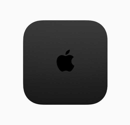 Apple TV 4K สีดำ ตัวเครื่องภายนอกด้านบน พร้อมโลโก้ Apple TV สีดำมันวาว