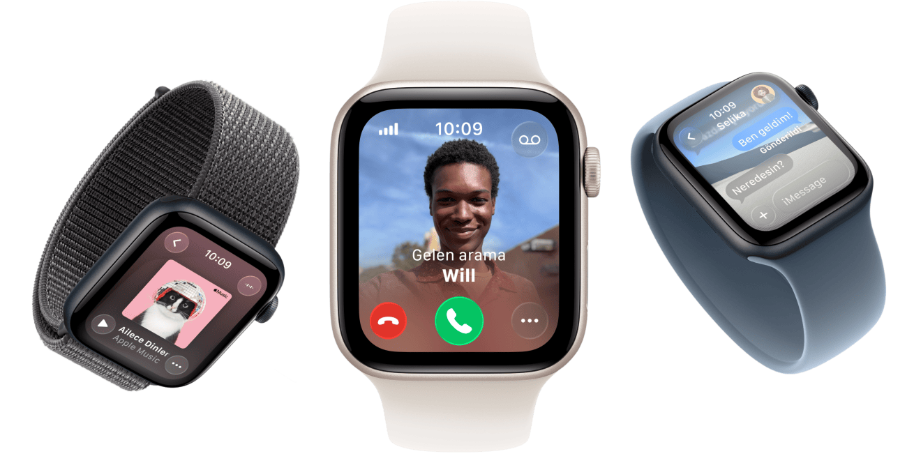 Apple Watch SE 3 aygıtları, alüminyum kasalar, yıldız ışığı ve gece yarısı renkleri, Spor Loop, koyu gri renk, Solo Loop, bulut pembesi renk, Solo Loop, demir mavisi renk, ekranlar: Apple Music, gelen arama, Mesajlar