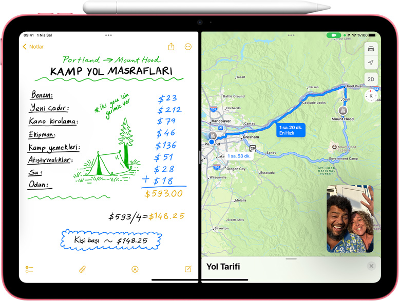 iPad’de Harita uygulaması ve Matematik Notları ve resim içinde resim görünümündeki FaceTime.
