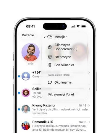 iPhone, ekranın üstteki üçte ikilik kısmında bilinmeyen numaraları Bilinmeyen Gönderenler adlı bir bölüme ayıran yeni tarama özelliğiyle Mesajlar uygulaması görünüyor
