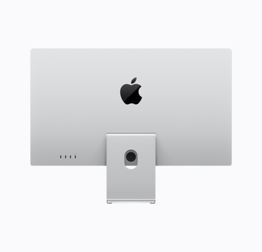 銀色 Apple Studio Display 配備可調整斜度的支架，展示機身背面，露出位於機身中央的黑色亮面 Apple 標誌