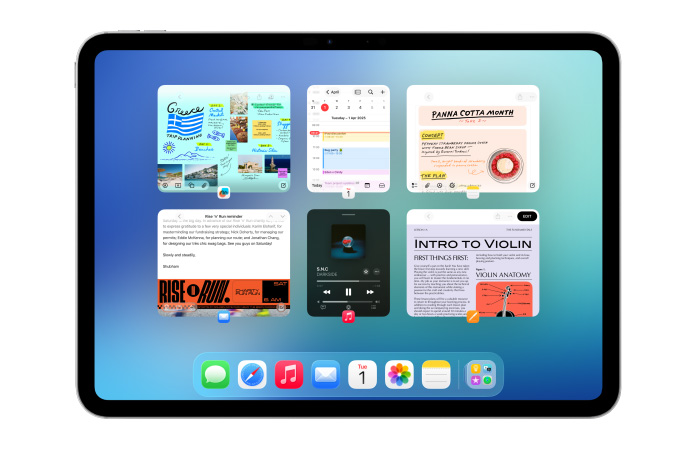 iPad, landscape orientation, screen shows multiple apps like Calendar and Music app in six windows lined up in two rows to show windows equally