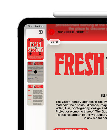 iPad, landscape orientation, Apple Pencil magnetically attached to top, top left of screen shows PDF in Preview app