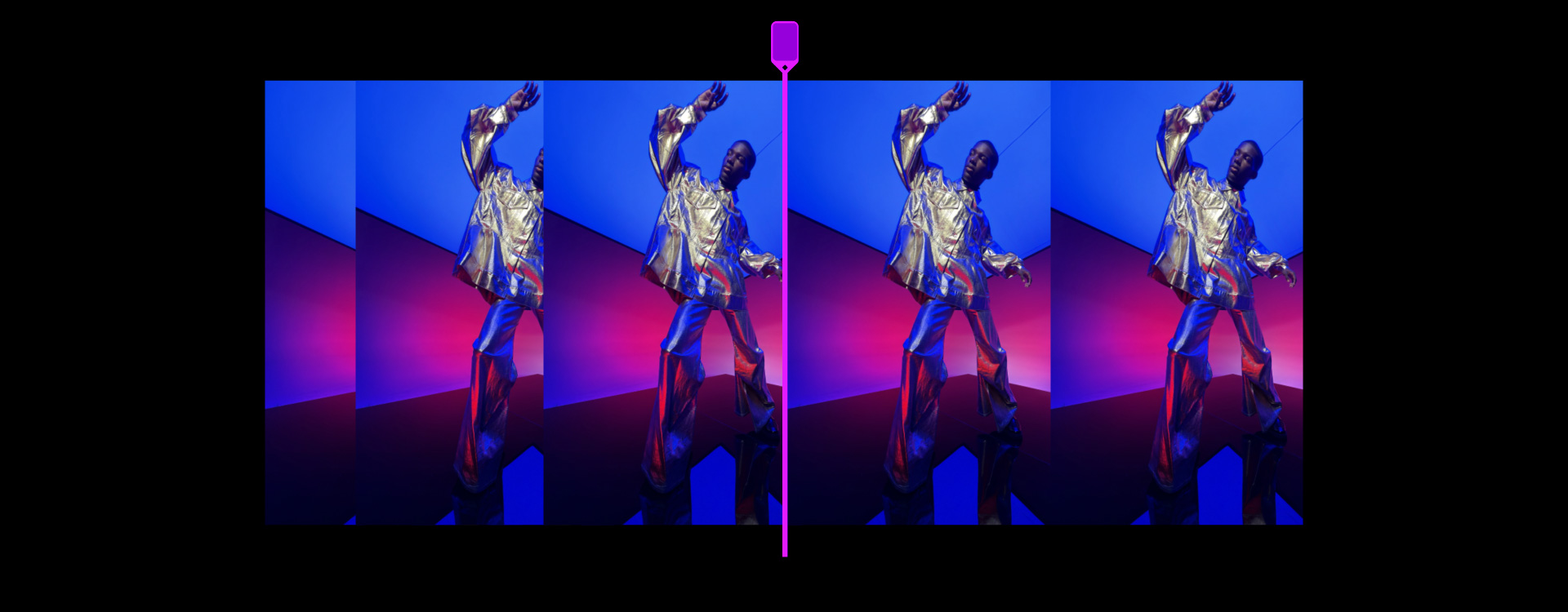 Timeline di un video che mostra una persona con un vestito color argento su uno sfondo blu e magenta, con i controlli di taglio in Final Cut Pro