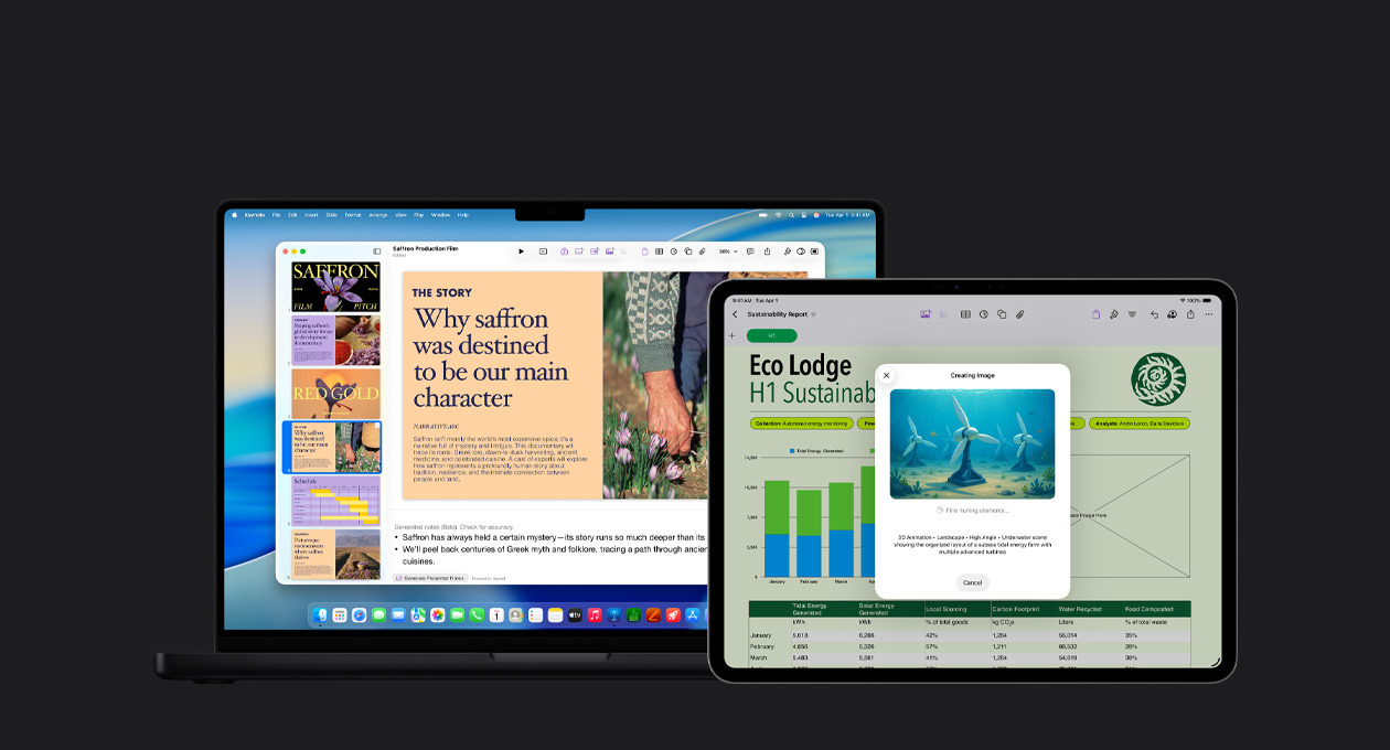 Schermo di un iPad Pro 13 che mostra una slide di un report con un grafico, una tabella e dei dati; schermo di un MacBook Pro 16 che mostra una presentazione Keynote con varie slide a sinistra e le note generate per chi presenta in basso