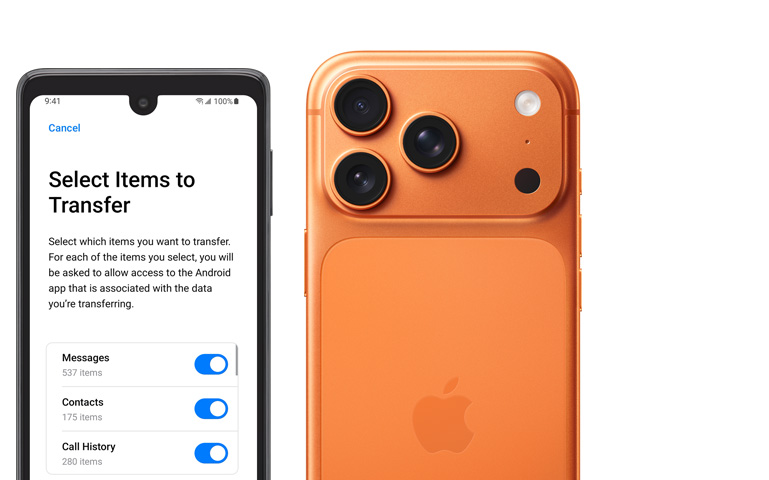 Android Display mit App «Auf iOS übertragen» neben einem iPhone 17 Pro, Rückansicht, Pro Fusion Kamera-System, 3 Objektive, Mikrofon, Blitz